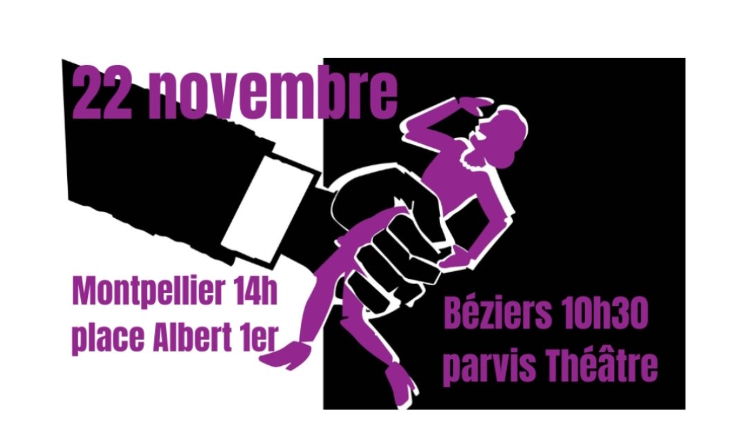 STOP aux violences faites aux femmes.
✊ Rendez-vous samedi 22 novembre :
➡️ Béziers – Parvis du Théâtre, 10h30
➡️ Montpellier – Albert 1er, 14h
Nos corps ne sont pas des champs de bataille.
On se lève, on marche, on refuse l’impunité !
<a href="/lacgtcommunique/">La CGT</a> <a href="/BinetSophie/">Sophie Binet</a>