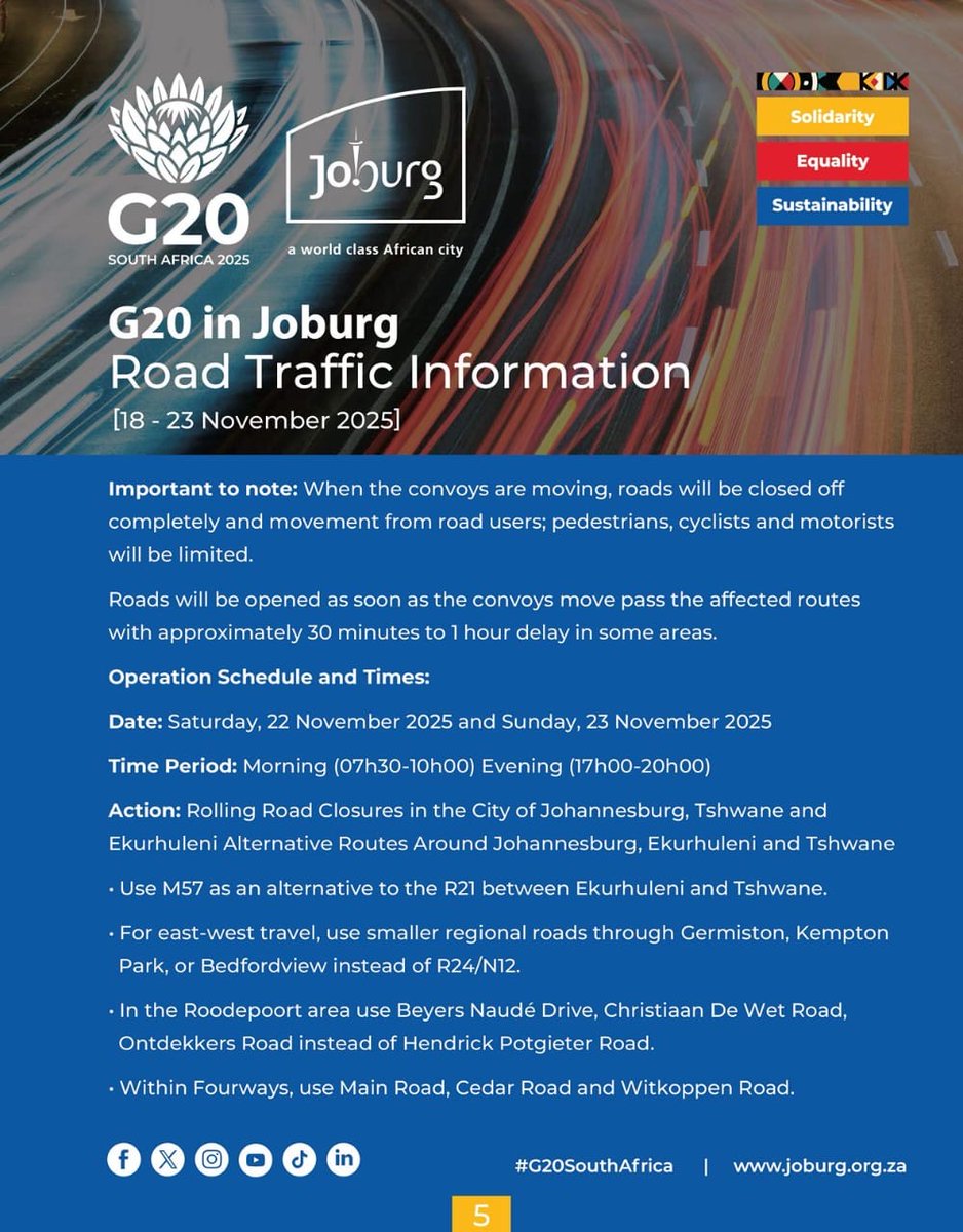 Yfm's tweet photo. #YNews: Gauteng motorists are being warned to expect traffic disruptions as international leaders and delegates arrive for the #G20Summit.
The summit takes place this Saturday and Sunday at #Nasrec, with several road closures and heightened security already in place. https://t.co/G0cswTrifn