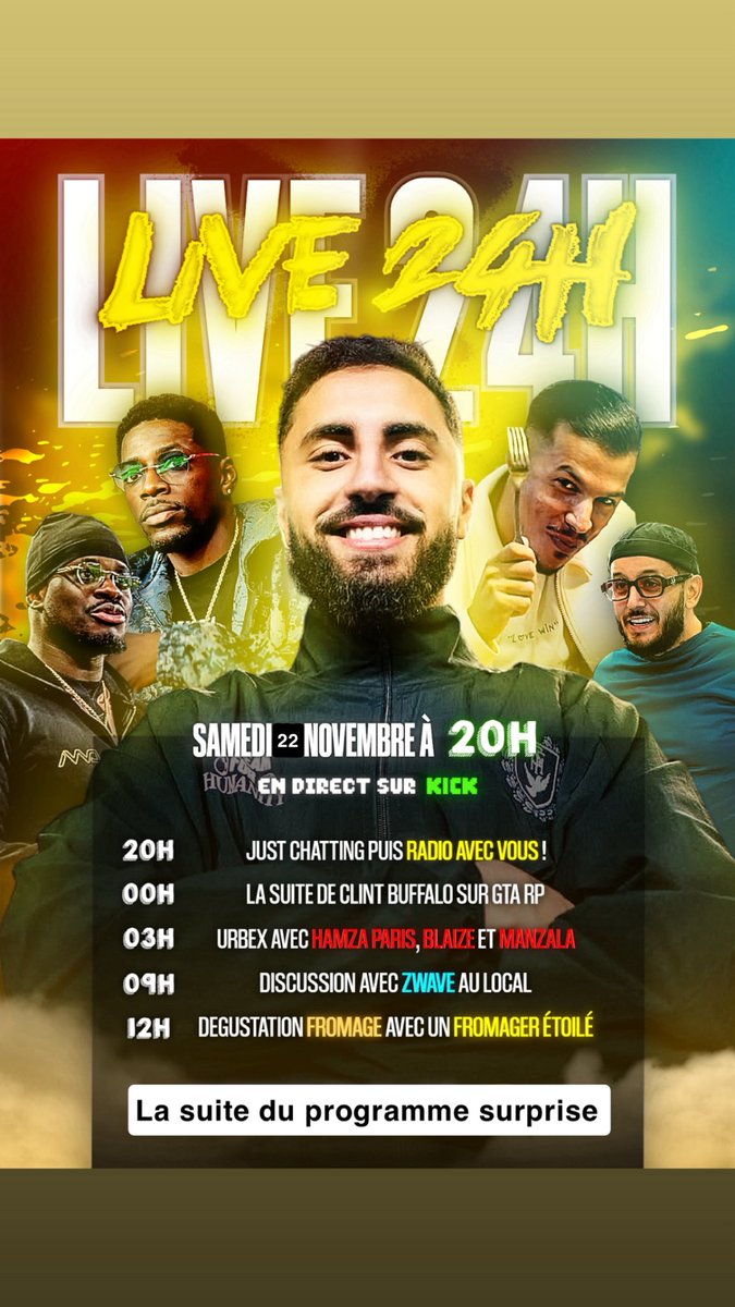 Medjalive's tweet image. DEMAIN À 20H !! 

Live 24 h sur ma chaîne kick : Dvm_Medja ✅

Programme bien chargé ça va être incroyable !!!