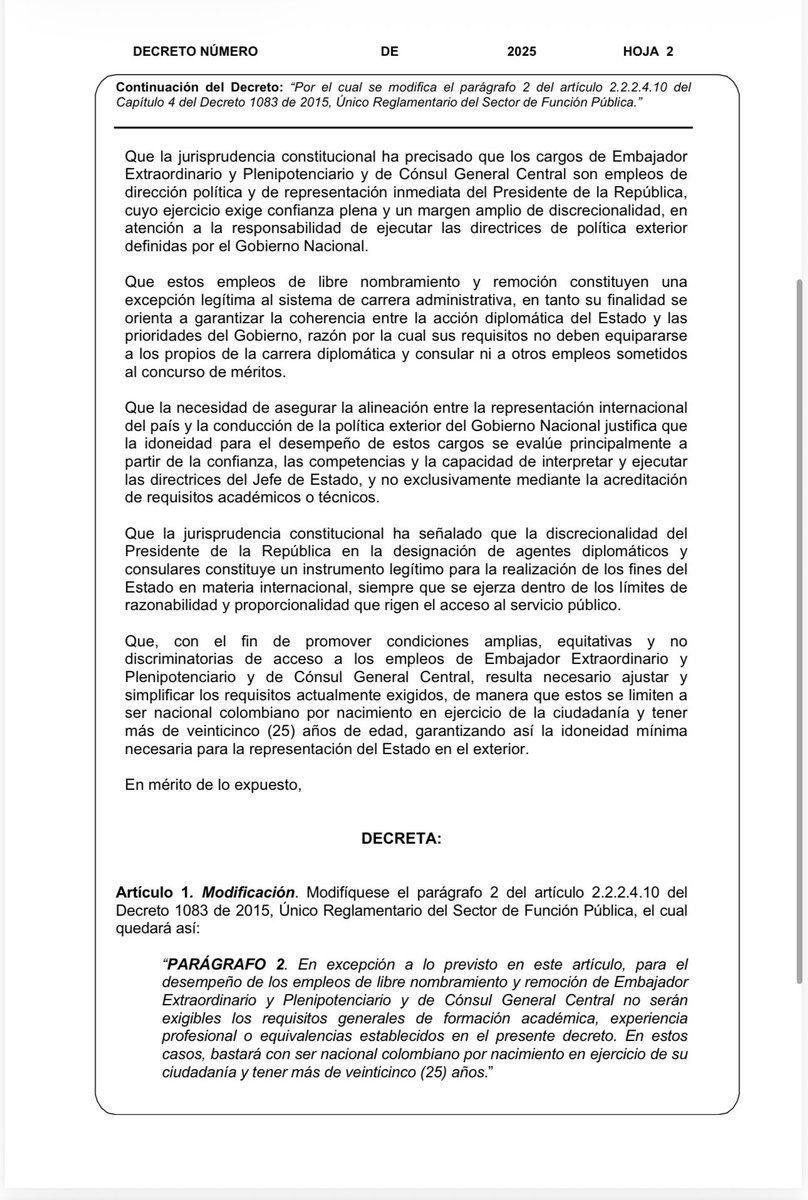 Melquisedec70's tweet image. Atención. Primicia.
El gobierno de @petrogustavo quiere crear el peor servicio diplomático del mundo. Cualquiera que solo sea nacional colombiano con mínimo 25 años de edad (ni siquiera debe saber leer ni escribir) podrá ser nombrado embajador o cónsul. 
Ni formación académica ni…