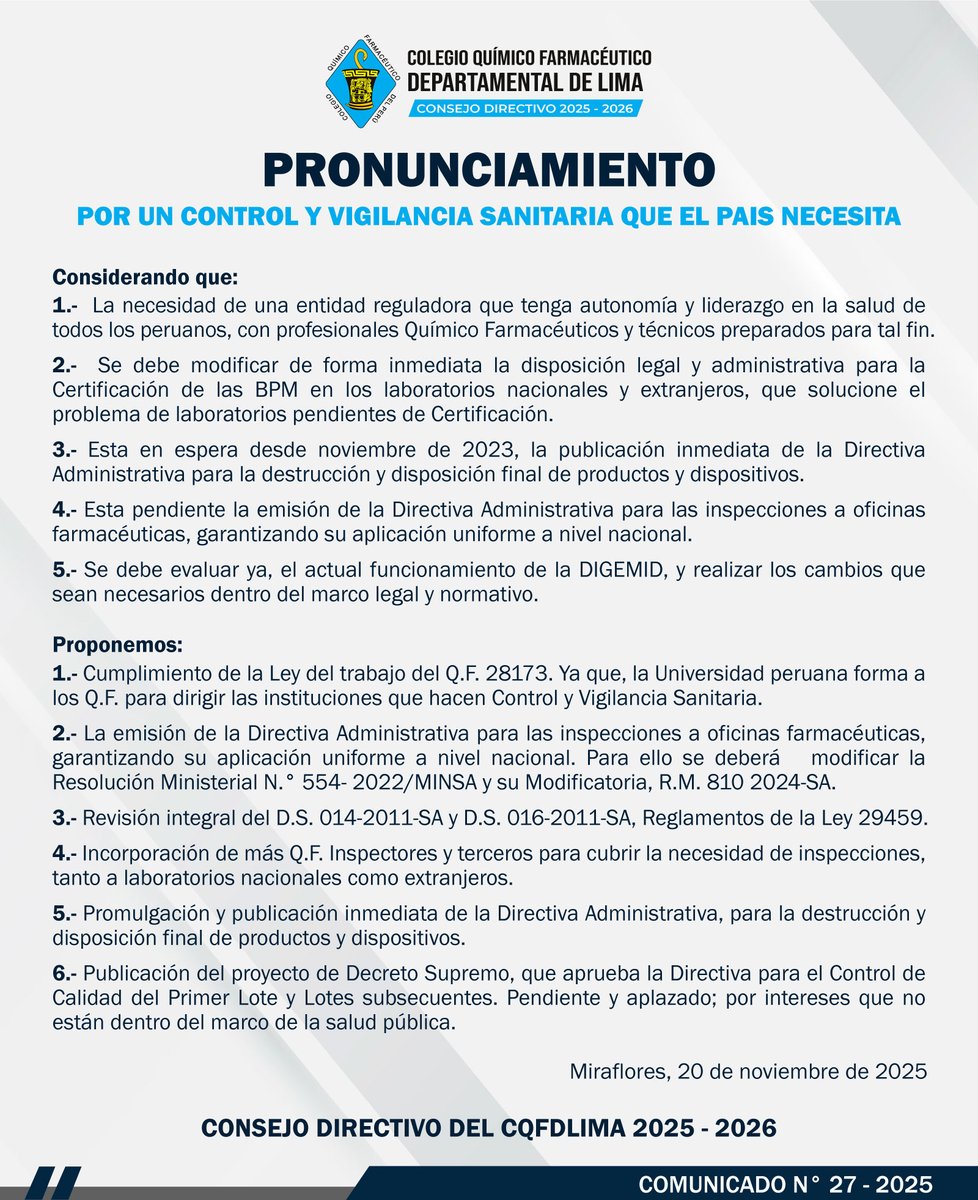 CQFDL's tweet photo. 🔴 𝐏𝐑𝐎𝐍𝐔𝐍𝐂𝐈𝐀𝐌𝐈𝐄𝐍𝐓𝐎
Por un control y vigilancia sanitaria que el país necesita. https://t.co/gFL7e40cmH