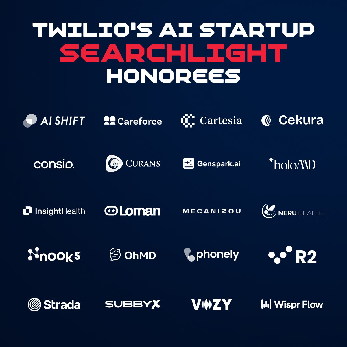 twilio's tweet image. Announced this week at SIGNAL London: the 2025 AI Startup Searchlight winners 🎉

We can&apos;t wait to see what they build next.