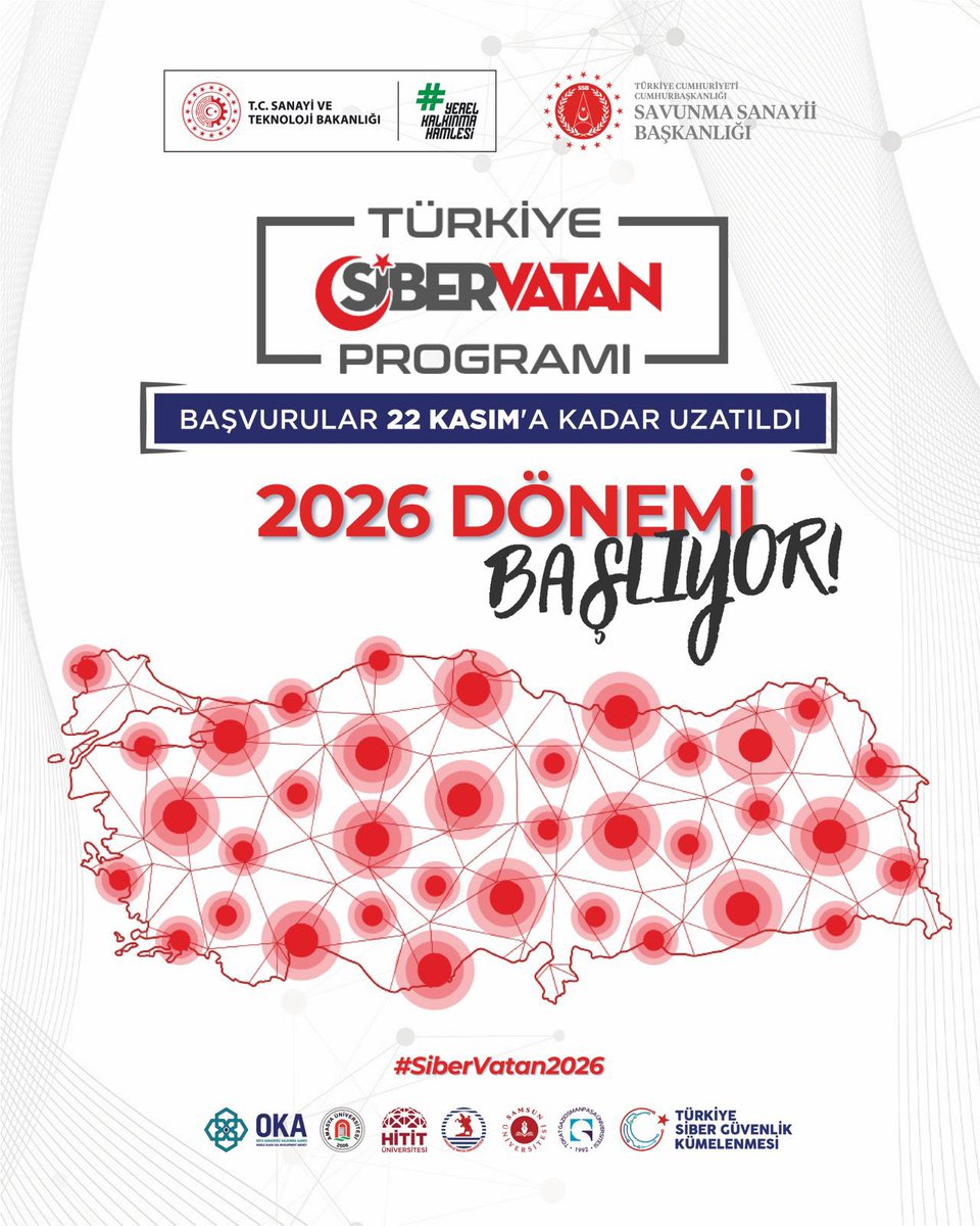 Siber Vatan 2026 Dönemi başvuruları 22 Kasım’da sona eriyor! 🚀

Siber güvenlik alanında kendini geliştirmek ve ülkemizin dijital geleceğinde yer almak isteyen tüm gençleri programa bekliyoruz.

📅 Son Başvuru Tarihi: 22 Kasım 2025
🌐 Başvuru: sibervatan.org