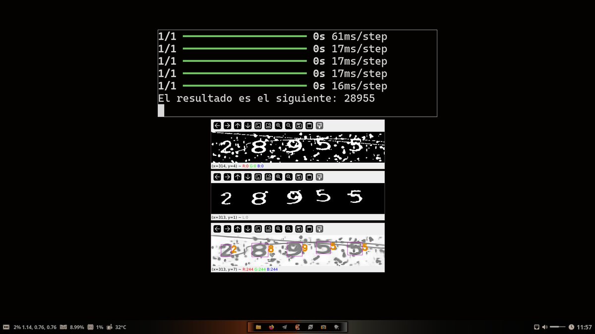 Glo_Musketeer's tweet image. Having a bit of fun with OpenCV, I&apos;m creating libraries to remove noise from an image And by creating my own models to recognize digits, I achieved the following results:
Accuracy: 0.985 = 0.99%
Loss: 0.098 = 0.1%.
#Python #OpenCV #IntelArc #Umat #GPU