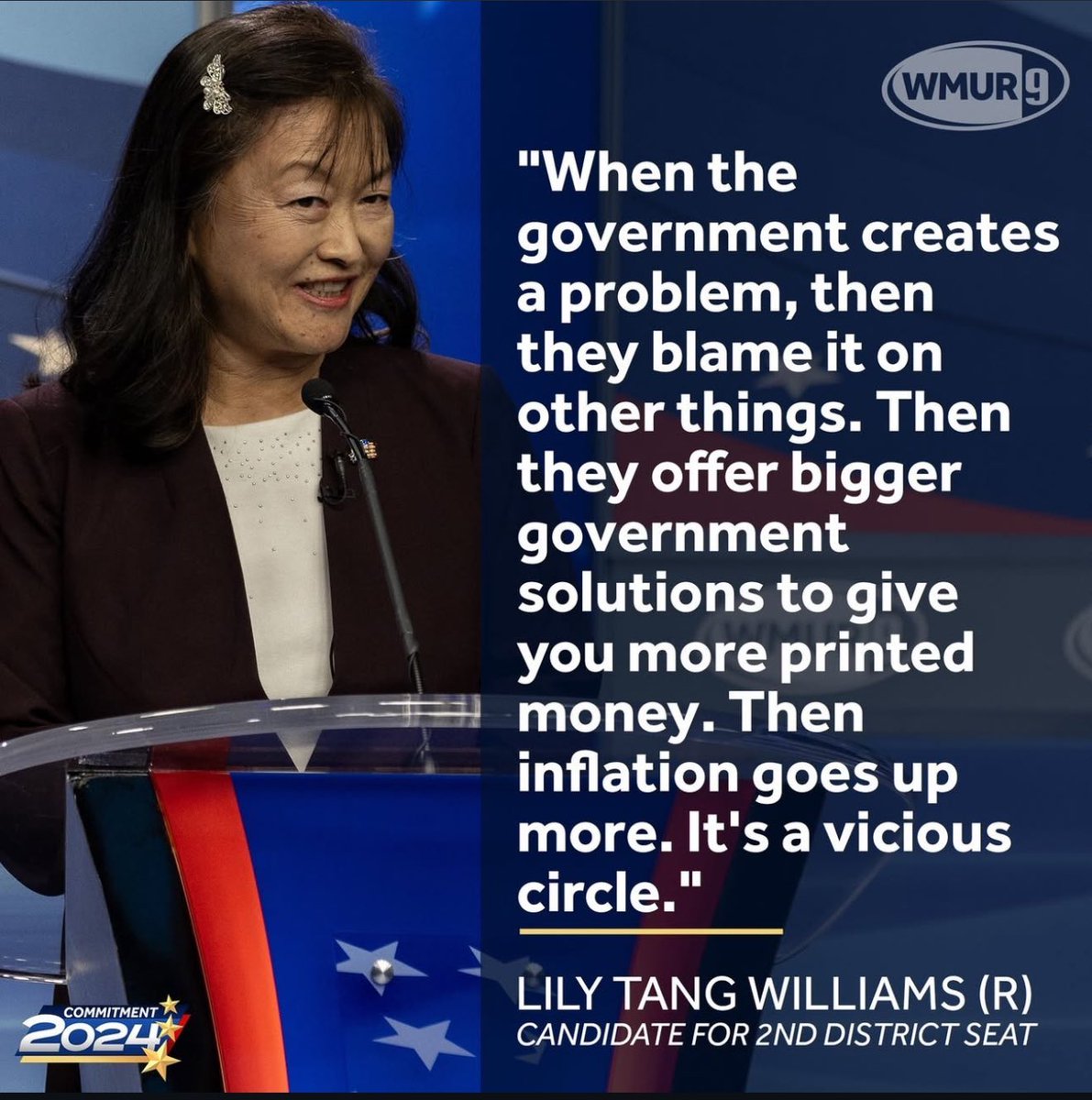 Lily4Liberty's tweet image. This is a quote by ⁦@WMUR9⁩ from my debate with ⁦@RepGoodlander⁩ last year. She voted to shut down government for ACA enhanced subsidies. Does she know ACA caused skyrocketing healthcare prices by reducing competition? She and her Party should learn Economics 101!