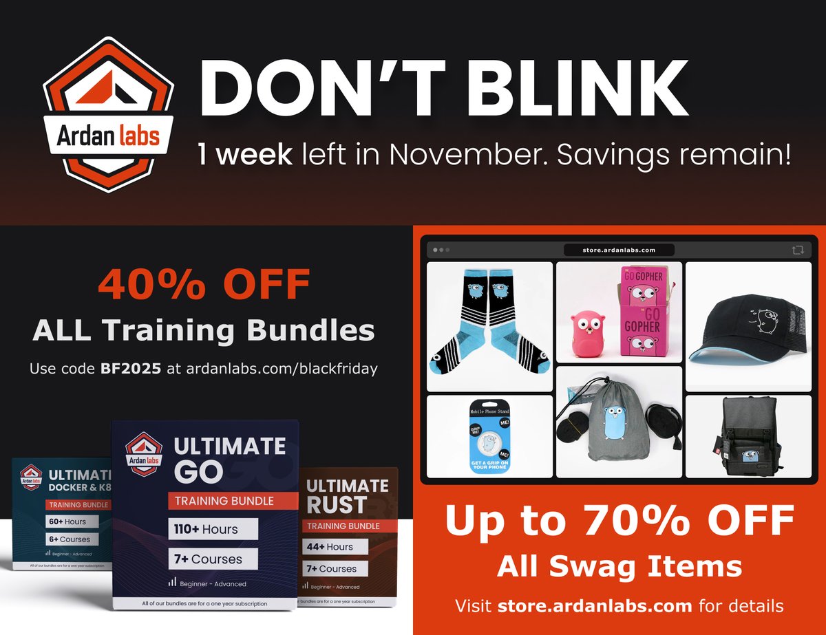 ardanlabs's tweet image. The month is flying by, &amp;amp; our Black Friday offer is slipping away! 🏃💨

With just one week left in November, this is your last chance to get 40% off our expert-led training bundles.

🛒 Don&apos;t miss out—save now: ardanlabs.com/blackfriday

Learn from our leading instructors…