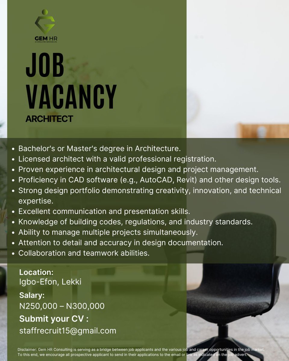 gem_hr's tweet image. 🔥Urgent Hiring: Architect!🌟Lead and impact the Construction Industry! Location: Igbo-Efon, Lekki.💌APPLY: staffrecruit15@gmail.com⏳Act fast—this opportunity won&apos;t last! 👥 Know someone ideal? Tag them! #architecture #architects #architect #architecture #architecturaldesign