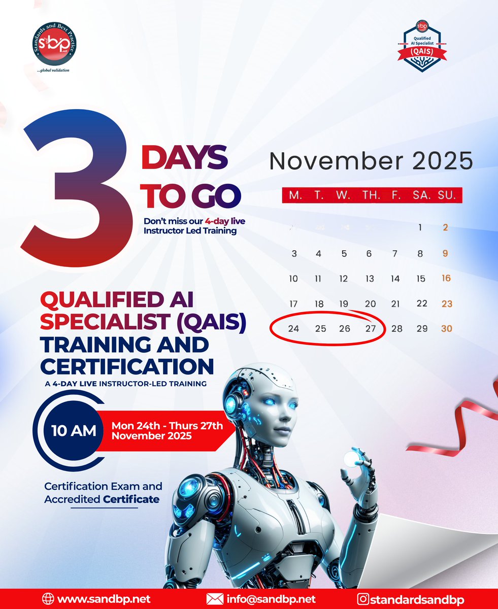 SandBPGlobal's tweet image. AI Specialist Countdown

Enrollment closes soon!

Join the Qualified AI Specialist Training (Nov 24–27), your gateway to globally recognized AI standards.

👉 Enroll: sandbp.net/qais-training-…

#AISpecialistCountdown #EnrollNow #AICertification #AITraining #FutureOfAI #AI