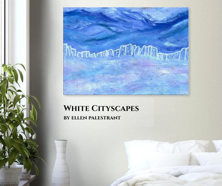 EPalestrant's tweet image. Shades of blue provide a background to the mysterious white city. For this painting, I used Oil and Oil Pastel Paints, and Oil-based markers. #abstractpainting #originalart #artprints #arizonaartist etsy.com/listing/160227…