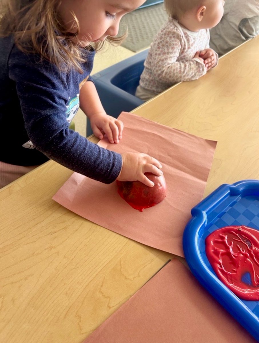 🍎🔍 Our curious toddlers examined apples to learn about texture, color, and parts of a fruit! 
Then they used them as stamps to explore patterns, cause-and-effect, and creativity 🎨✨