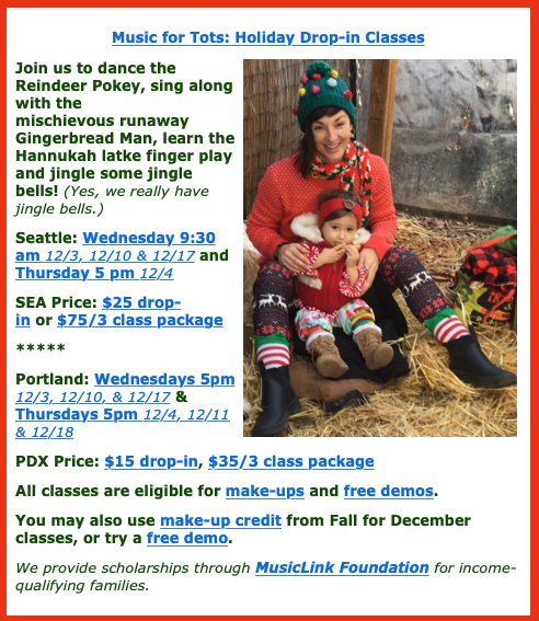 Miss_Char_Music's tweet image. December is super fun at #MusicForTots. You gotta come see the #GingerbreadMan #puppetshow, &amp;amp; we have real #jinglebells!
Try a class free or sign up for a 1-time drop-in or 3-class mini package. misscharlottemusic.com
For kids 0-5 with a caregiver. Siblings/other ages welcome!