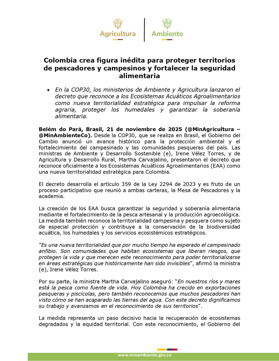 MinAgricultura's tweet photo. #BoletínDePrensa 🚨| ¡Buenas noticias para los territorios de pescadores y campesinos! 🐟 Durante la #COP30 de #Brasil, 🇧🇷 junto al @MinAmbienteCo, presentamos un decreto 📜 que reconoce a los Ecosistemas Acuáticos Agroalimentarios (EEA), 🌊 una nueva territorialidad que va en línea con el ordenamiento alrededor del agua, la protección de la biodiversidad 💧y la dignificación de las familias pescadoras.