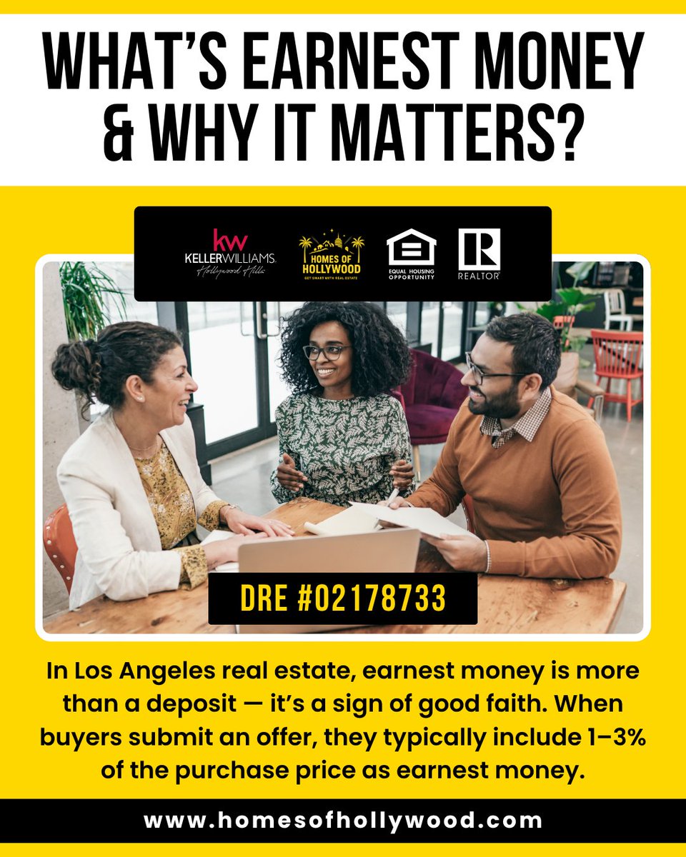 HomesOfHwoodCA's tweet image. Earnest money is held in escrow and applied to your down payment or closing costs, showing sellers you’re committed while protecting both sides🏡 Questions about structuring a winning LA offer? Message us for expert guidance.
#HomesofHollywood #EarnestMoney #LARealEstate #LAHomes