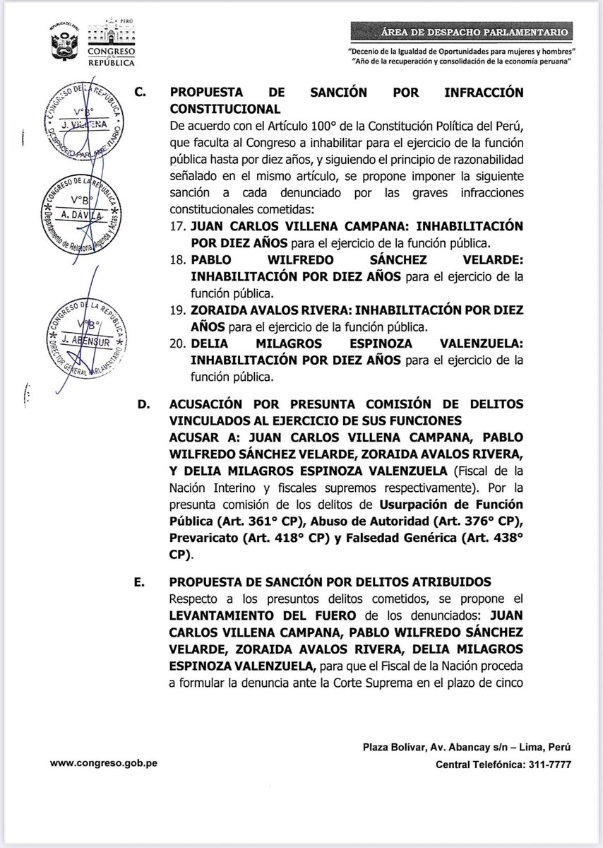 martinluma's tweet image. #Congreso cita a los fiscales supremos #ZoraidaÁvalaos, #DeliaEspinoza, #PabloSanchez y #JuanVillenas a la sesión de la Comisión Permanente para el 25 de noviembre a fin de debatir y votar el informe final que propone su inhabilitación. El abogado de los cuatro magistrados en…