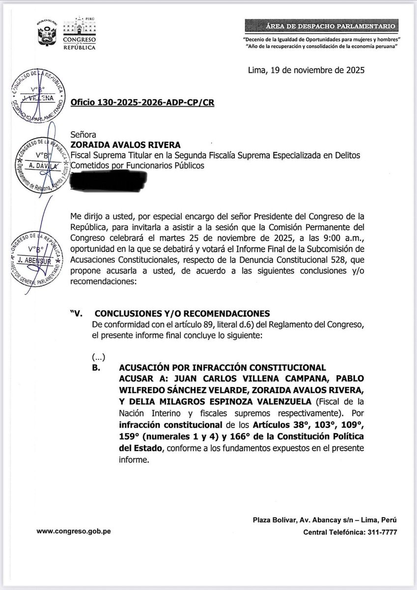 martinluma's tweet image. #Congreso cita a los fiscales supremos #ZoraidaÁvalaos, #DeliaEspinoza, #PabloSanchez y #JuanVillenas a la sesión de la Comisión Permanente para el 25 de noviembre a fin de debatir y votar el informe final que propone su inhabilitación. El abogado de los cuatro magistrados en…