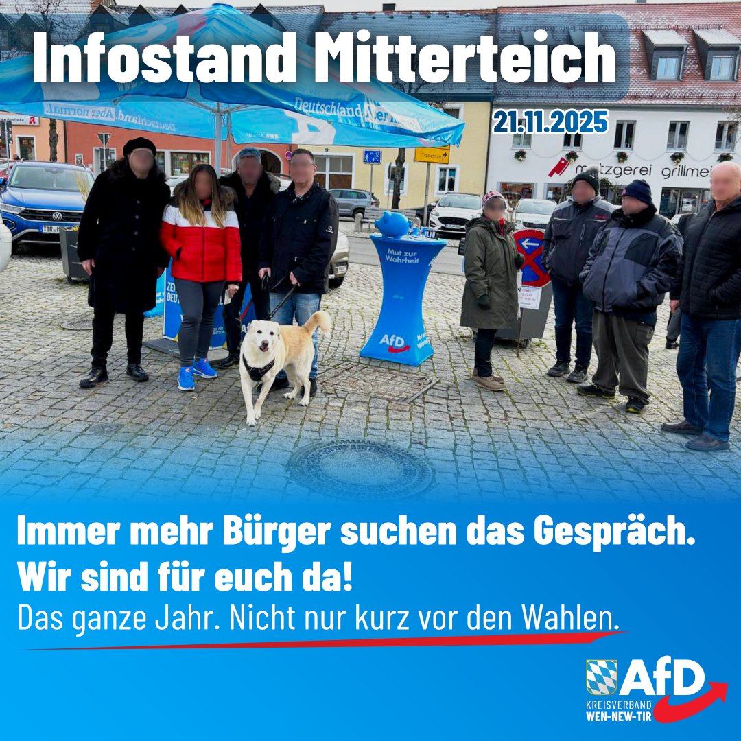 Infostand Mitterteich – Winterkälte trotz „Klimaerhitzung“, aber egal: Der Zulauf spricht für sich.
Immer mehr Menschen wollen wissen, was wirklich in diesem Land passiert – und sie kommen zu uns, weil wir Klartext reden.

Viele erkennen: Es gibt nur noch eine Alternative.
