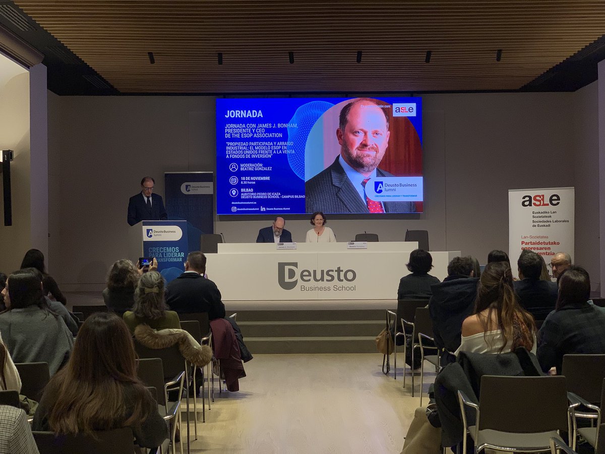 El día 18 <a href="/AlumniDBA/">Deusto Business Alumni</a> en colaboración con <a href="/asle_eus/">ASLE</a> , celebramos en Bilbao una jornada con James J. Bonham (CEO The ESOP Association). 
▶️Hablamos del modelo ESOP, propiedad participada y de cómo este sistema puede reforzar el arraigo industrial.
acortar.link/VpawkC