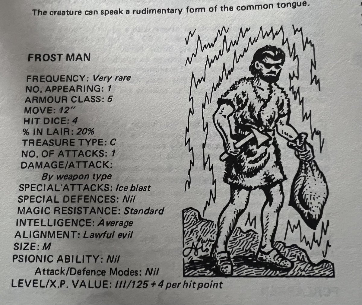 CastleGrief's tweet image. Everybody arguing over games could learn a lesson from the improbably ridiculous Fiend Folio “Frost Man,” and just…

Chill. 

I’ll see myself out.