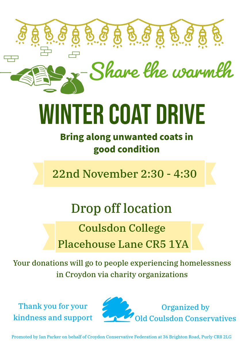 Collecting winter coats tomorrow for those who need them most in Croydon. Your support would be amazing 🧥 ❄️ 🧑‍🎄 

#WinterCoatDrive
<a href="/CroydonTories/">Croydon Conservatives 🇬🇧</a>