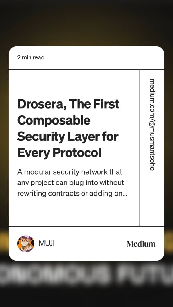 I will be running a 30 day educational series focused entirely on the <a href="/DroseraNetwork/">Drosera</a> Trap Layer, the mainnet architecture, the benefits to builders
Day:13 ✅ 
Topic: Drosera, The First Composable Security Layer for Every Protocol medium.com/@musmantsoho/d…