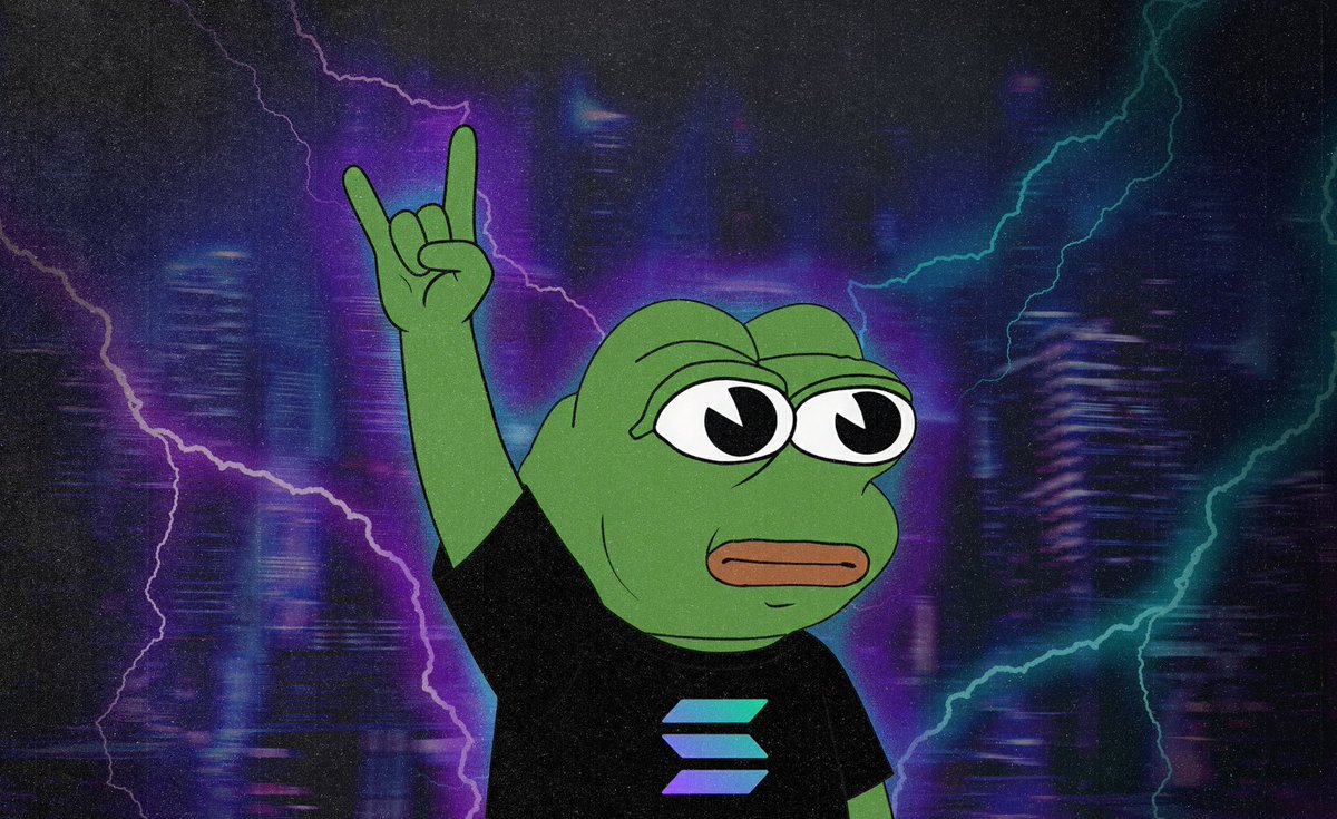 Pepe the Frog rocking out in a Solana t-shirt against a stormy background