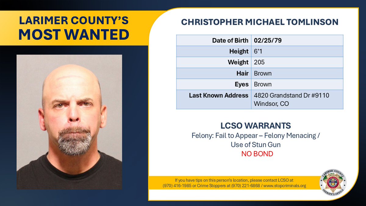 LarimerSheriff's tweet image. LARIMER COUNTY&apos;S MOST WANTED
We&apos;re looking for Christopher Michael Tomlinson. Do you know where he is? If so, please call us at 970-416-1985. If you want to stay anonymous, you can also share tips via Crime Stoppers of Larimer County at 970-221-6868 or stopcriminals.org.