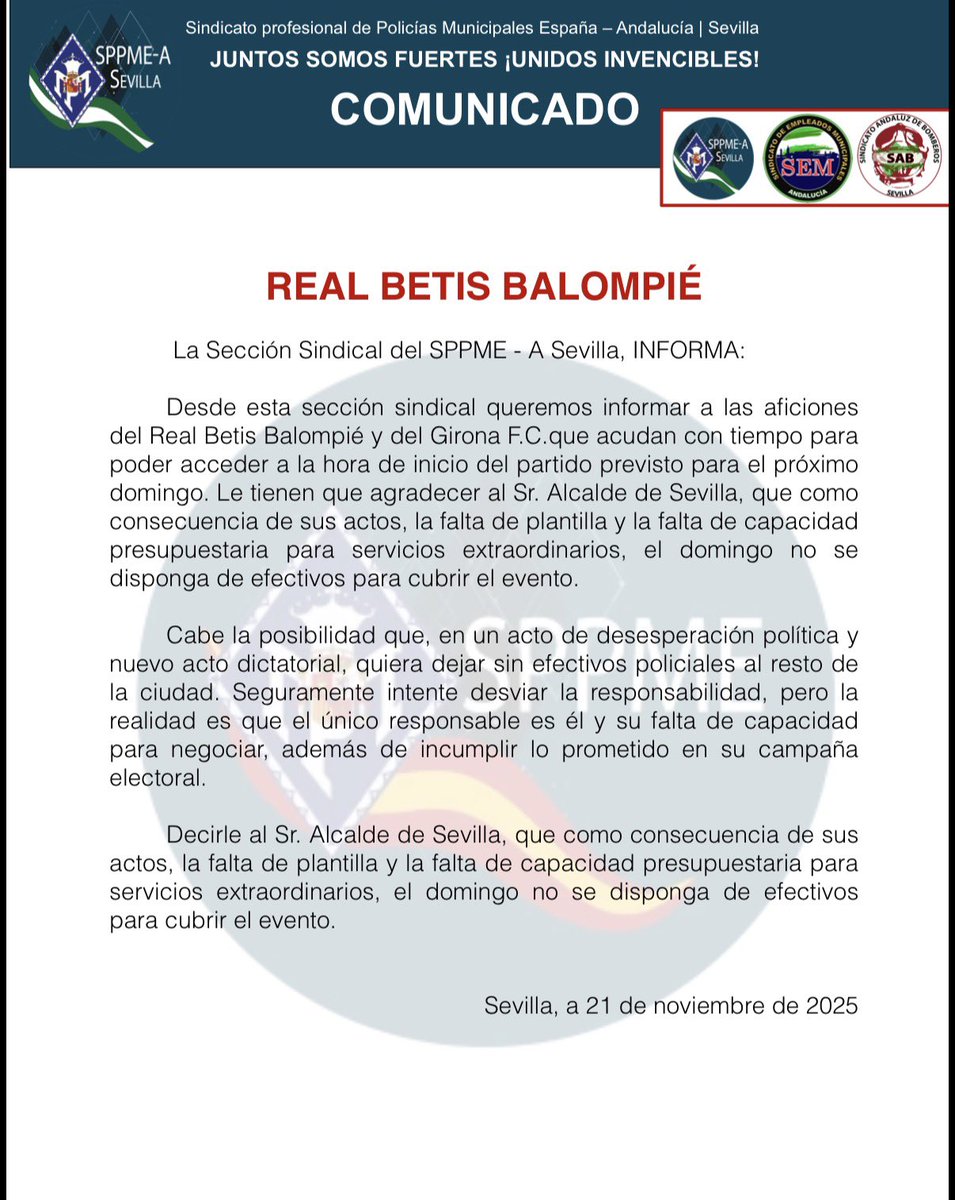 TinteroVB's tweet image. 👀 Ojo a esto que el domingo puede haber falta de Policía Local para cubrir el Betis-Girona.
De cubrir los partidos unos 14-15 patrulleros, podrían cubrirlo una tercera parte (4 aproximadamente) 🚨

Problema importante ante el partido que puede congregar más público de la…