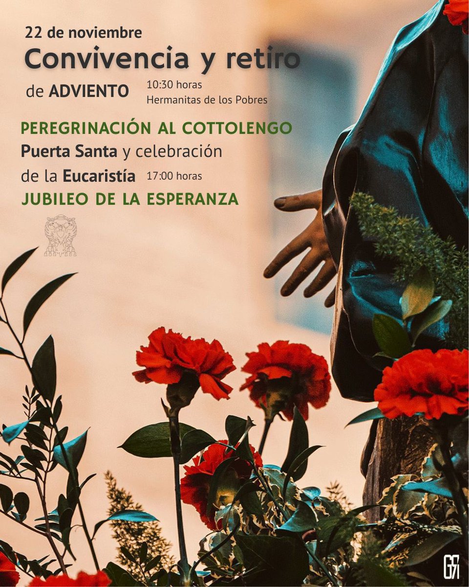 📅 Sábado, 22 de noviembre
🕥 10:30 a.m.
📍Hermanitas de los Pobres

Mañana a las 10:30 tendremos nuestro retiro de Adviento.

¡Anímate a vivir este tiempo de alegría en hermandad!

#CofradíasMLG