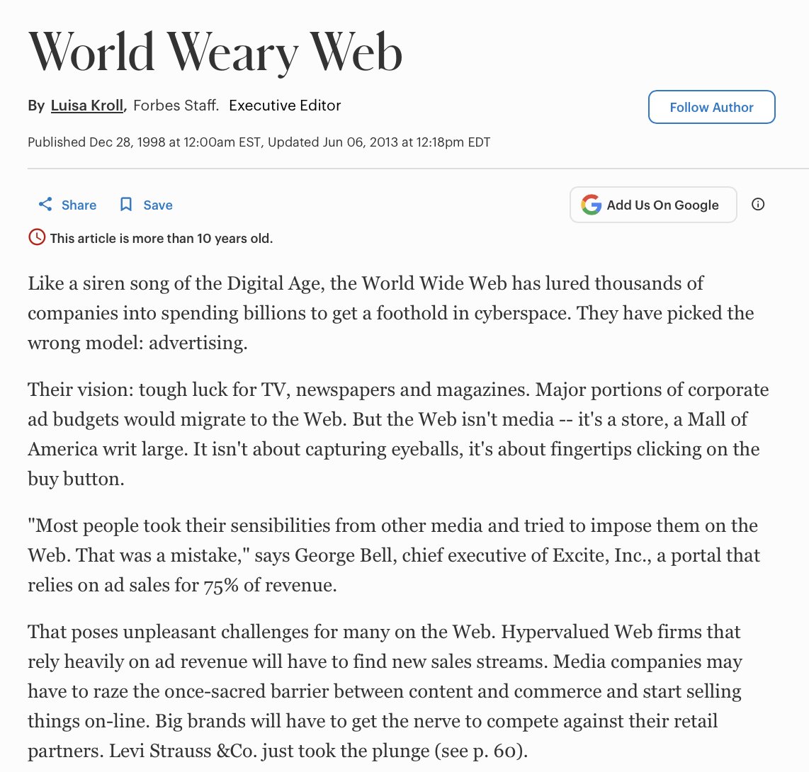 谷歌上充斥着大量关于“网络”或互联网的投资回报率未能达到预期利润“高昂”的报道。这些仅仅是1998年左右的快速搜索结果。