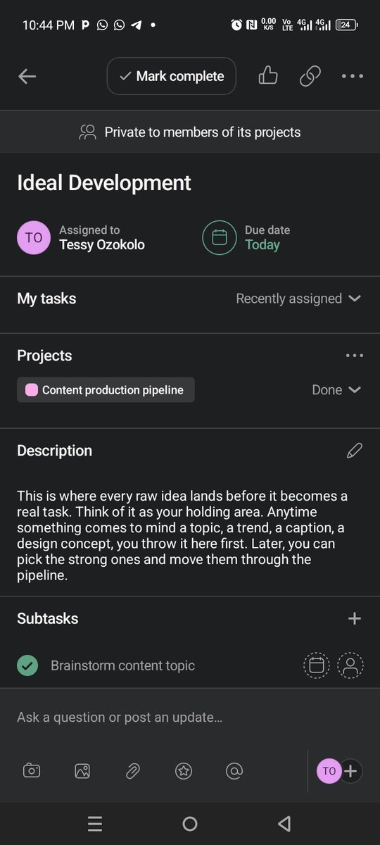 TessySealtiel's tweet image. 😇For each content piece, I created subtasks such as:

Define goal and audience

Collect reference materials

Draft script/write-up

First review

😇I also assigned roles such as:

Content Writer

Editor

Graphic Designer

Social Media Lead