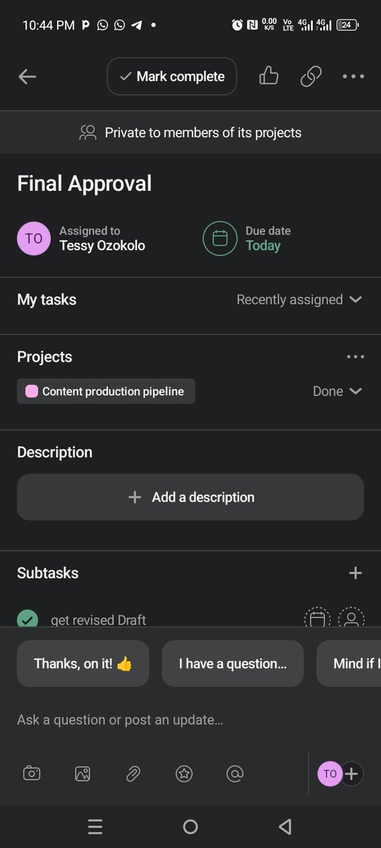 TessySealtiel's tweet image. 😇For each content piece, I created subtasks such as:

Define goal and audience

Collect reference materials

Draft script/write-up

First review

😇I also assigned roles such as:

Content Writer

Editor

Graphic Designer

Social Media Lead