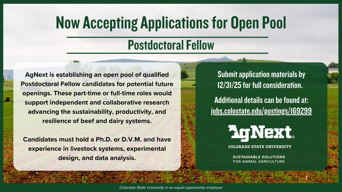 CSUAgNext's tweet image. AgNext is accepting applications for our Postdoctoral Fellow Open Pool.
If you hold a Ph.D. or DVM and work in livestock sustainability, apply now to be considered for future opportunities.

Applications accepted through 12/31/25. Learn more: loom.ly/a5Ll7EI