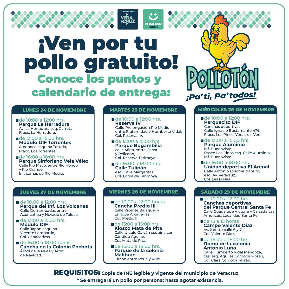 ¿Listos para su Pollotón? 🐔🍗 Revisa el calendario completo en la imagen y prepara tus documentos.👇🏼 Solo necesitas copia de INE vigente y legible del municipio de Veracruz.

#NuestroPuerto #NuestraCasa #Veracruz #Polloton
