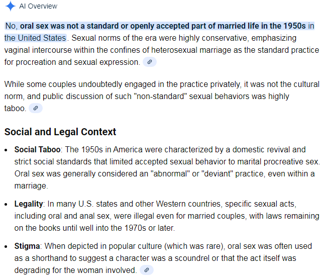 Interesting! I asked Google AI if BJs were a standard part of married life in the 1950s.