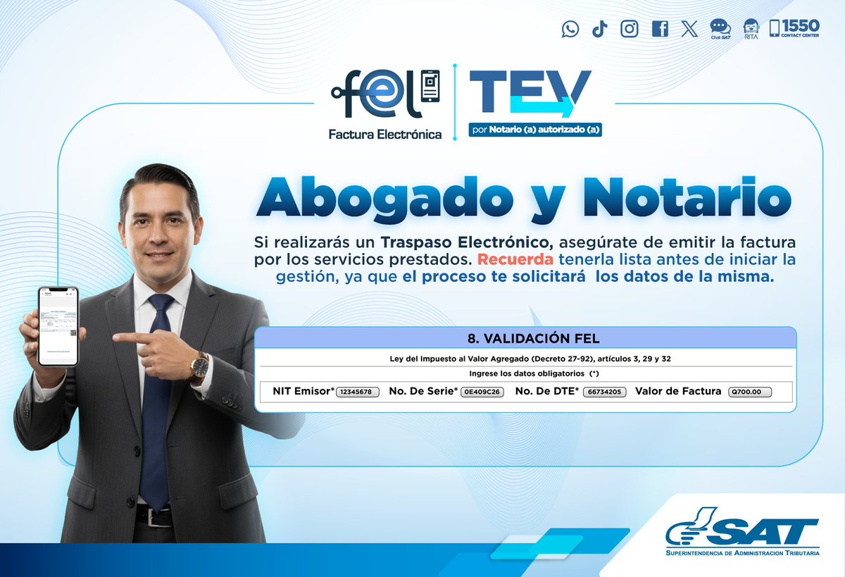 SATGT's tweet image. 📢 Atención abogado y notario

Si vas a realizar un Traspaso Electrónico de Vehículos 🚗🏍️ no olvides emitir la Factura Electrónica en Línea #FEL por los servicios prestados, antes de la gestión.

✅ Realiza trámites sin contratiempos