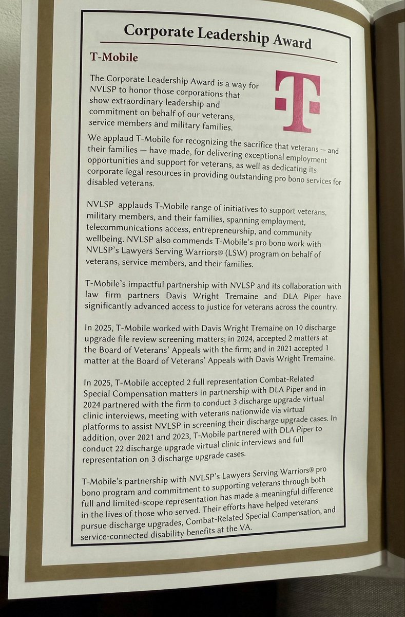 Proud to be recognized by <a href="/Lawyer4Warriors/">NVLSP</a> with the Corporate Leadership Award.

<a href="/TMobile/">T-Mobile</a> is committed to standing with veterans — supporting disability upgrades, pro bono legal services and programs that expand opportunity for those who served.

Honored to serve those who