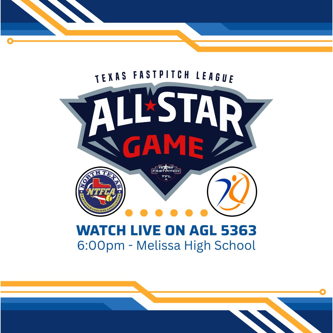 TONIGHT - 6PM
🚨🚨🚨
TEXAS FASTPITCH LEAGUE
JR CHAMPIONSHIP
ALL-STAR GAME

Come out and check out the best of the best at the Melissa High School Softball Field or watch from any device on Athletes Go Live using tonight's game ID 5363