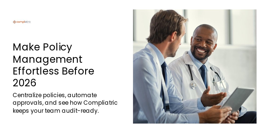 COMPLIATRIC's tweet image. Make Policy Management Effortless Before 2026! Centralize policies, automate approvals, and see how Compliatric keeps your team audit-ready! #Compliatric #WhereComplianceHappens - mailchi.mp/compliatric.co…