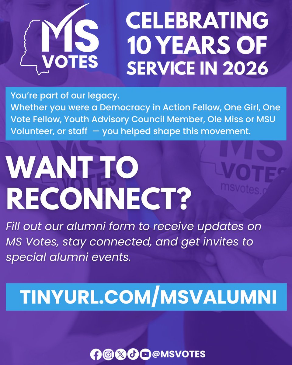 MS Votes is turning 10 and we’re celebrating with the folks who helped us build this movement.
If you’ve been a fellow, volunteer, council member, or staffer — you’re part of our legacy. Let’s reconnect. 💜
🔗 tinyurl.com/MSVAlumni
#MSVotes #Up2Us #StayVocalActLocal