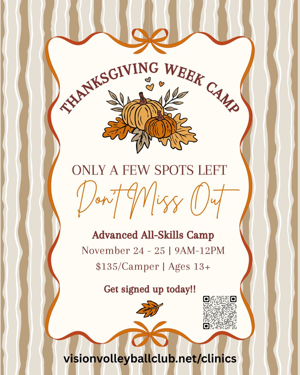 VisionVBClub1's tweet image. Still thinking about it? Haven’t signed up yet?

Don’t miss your chance to train with us this Thanksgiving Break!

📅 November 24–25
⏰ 9:00 AM – 12:00 PM
💲 $135 per camper
👥 Ages 13+ (Not for beginners!)

Spots are limited - sign up today!
👉 visionvolleyballclub.net/clinics