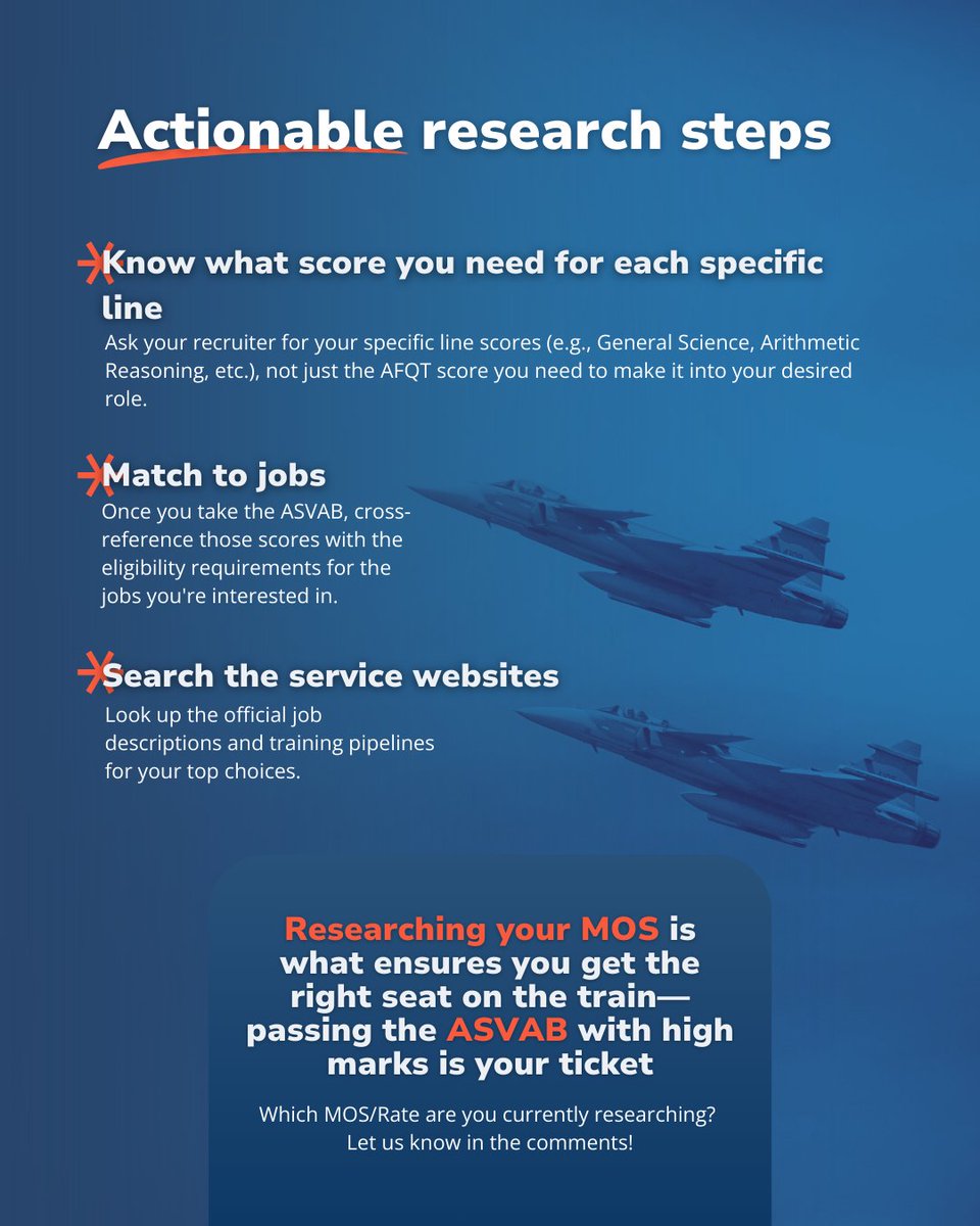 🪖 Don't Just Pass the ASVAB, Plan Your Career! 🚀

You've signed up for the ASVAB and are starting to prep—that's a huge step! The most common advice we see missed: Research your specific MOS/Rate before you test!

#ASVAB #MilitaryPrep #MOS #MilitaryCareer #TestPrep