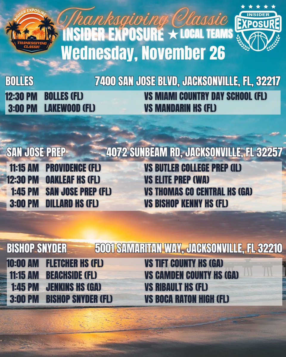 InsiderExposure's tweet photo. Complete schedule of Jacksonville schools at the InsiderExposure Thanksgiving Classic!! 

So much unsigned talent in North Florida!! https://t.co/xWHtJM7oFJ
