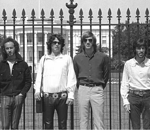 The Doors in front of the White House in Washington, D.C. The photo was taken by their friend and photographer Paul Ferrara on August 30, 1968, before a concert in Maryland.