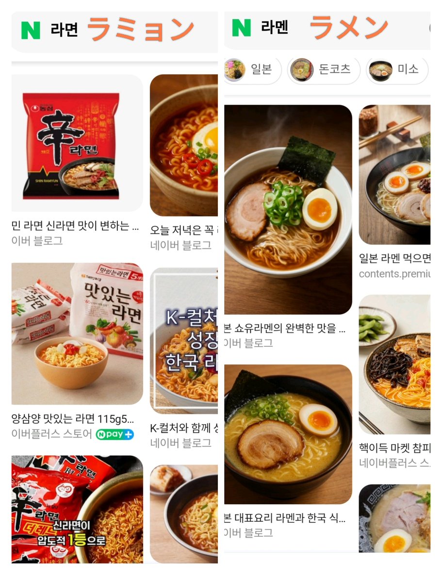 noeul_kan's tweet image. 日本ではぜーんぶひとくくりでラーメンだけど…🍜

左は라면（ﾗﾐｮﾝ）で、右は라멘（ﾗﾒﾝ）

라면：袋麺ベースの国民食
라멘：日本式ラーメン（生麺 × こだわりスープ）

韓国ではこの10年で日本式ラーメンのお店が30倍に増えてます。次に日本で流行る韓国語、「ラミョン」かもしれません👀