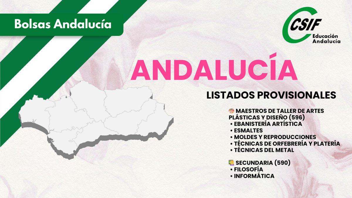 CSIFenseA's tweet image. 📍 #ANDALUCÍA: BOLSAS EXTRAORDINARIAS: LISTADOS PROVISIONALES
📚 Publicada la resolución de los listados provisionales de la convocatoria extraordinaria de 25 de septiembre de 2025.

📋 CUERPOS Y ESPECIALIDADES RESUELTAS: 
👩‍🏫 Secundaria (590)
- Filosofía
- Informática

🎨…
