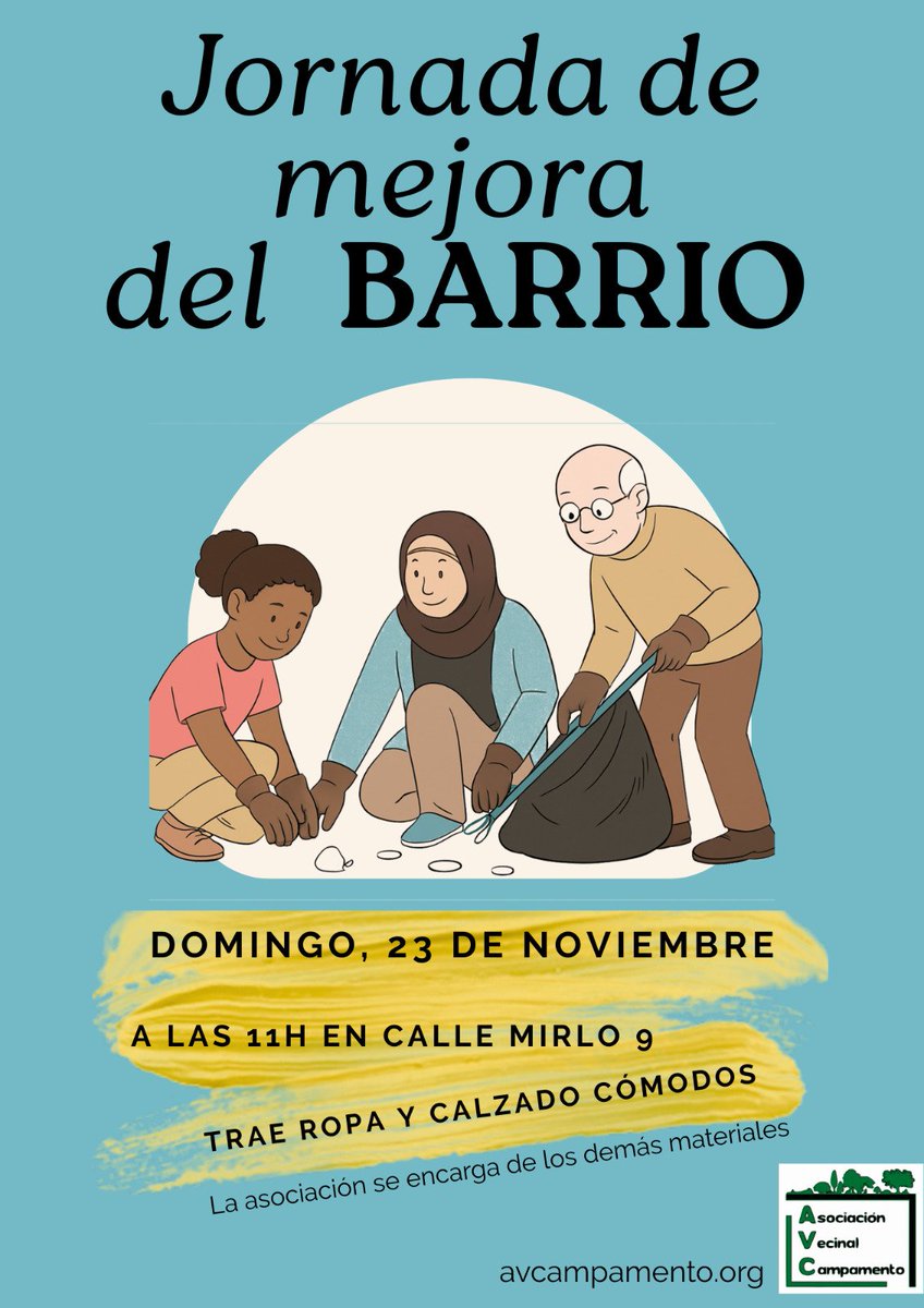 *¡El barrio necesita a sus vecin@s!* Os animamos a participar en esta jornada. Vamos a limpiar algunas zonas del barrio para concienciar sobre la importancia de cuidar nuestras calles. Solo tenéis que llevar ropa y calzados cómodos. Junt@s por un barrio más limpio💪🏾