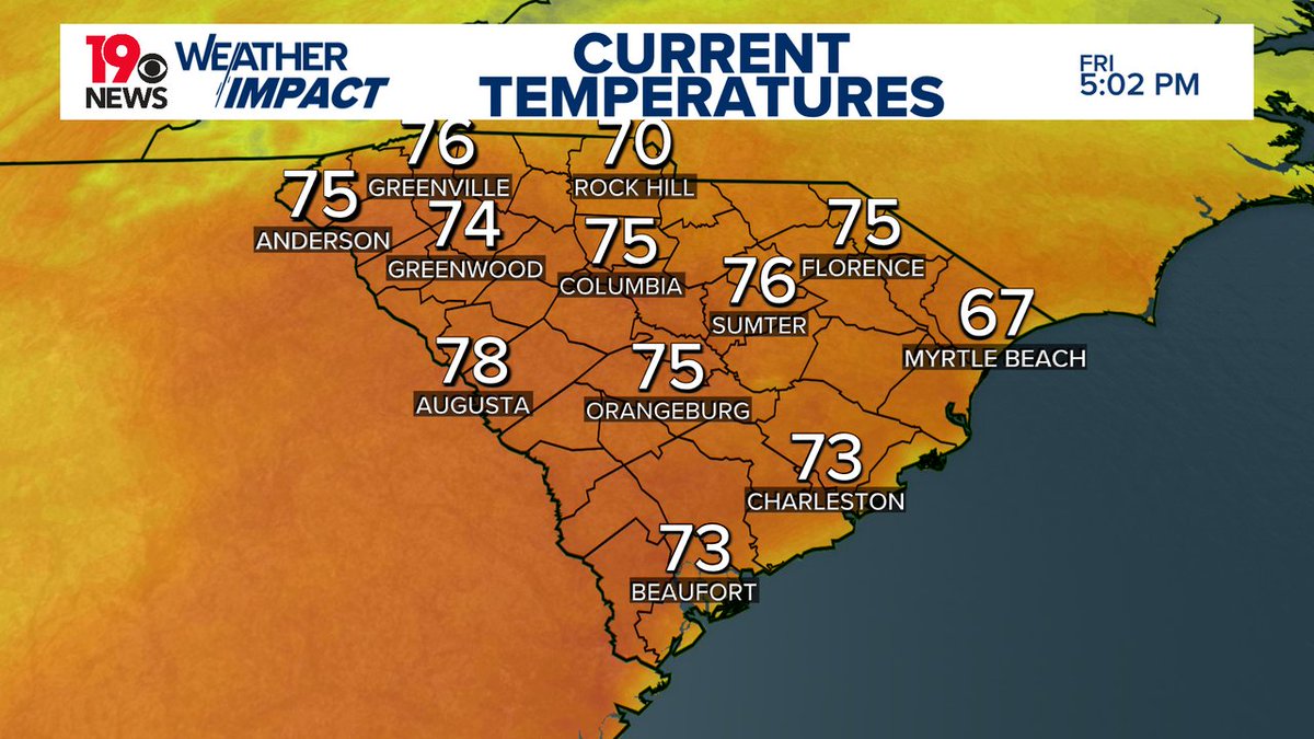 Here’s your <a href="/WLTX/">News19 WLTX</a> 5 PM South Carolina temperatures. Some showers overnight tonight with lows in the lower 60s. wltx.com #OnYourSide #WLTXWx #SCwx