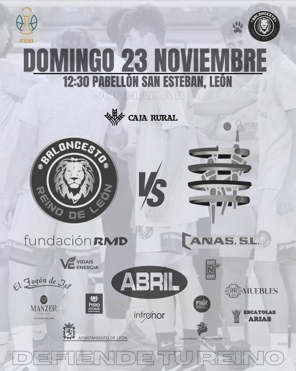 CBReinodLeon's tweet image. 🦁🤍| ¡Atención, familias del Reino de León!

Este Domingo 23 de noviembre a las 12:30h, ¡nuestro equipo de Tercera FEB vuelve al ataque en el Pabellón de San Esteban! 🏠

Queremos la grada llena, animando, saltando y rugiendo… ¡como solo el Reino sabe hacerlo! 🔥