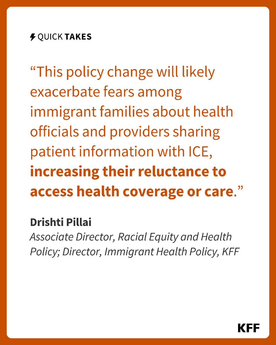 KFF's tweet image. ⚡ KFF’s Drishti Pillai reacts to a notice the Centers for Medicare and Medicaid Services (CMS) issued that it will begin sharing Medicaid data it receives from states with Immigration and Customs Enforcement (ICE) for immigration enforcement. on.kff.org/3LVA1dK #QuickTake