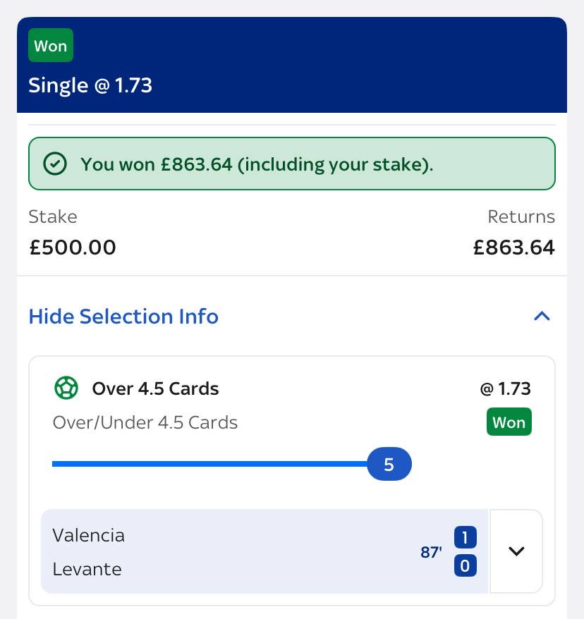 A nice return to club football, Over 4.5 Cards @ 1.73 ✅

+1.46u 💰

❤️ if you joined us!

#ValenciaLevanteUD